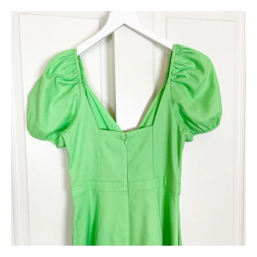 J. Crew Lime Green V-neck Midi Dress Puff Sleeve Linen Blend NWT Sz 4